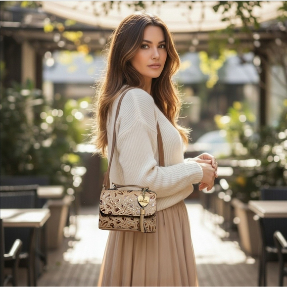 Gold Camel Beige Sunflower Embossed Tooled Artisan LEATHER Crossbody bag Purse - Picture 3 of 16